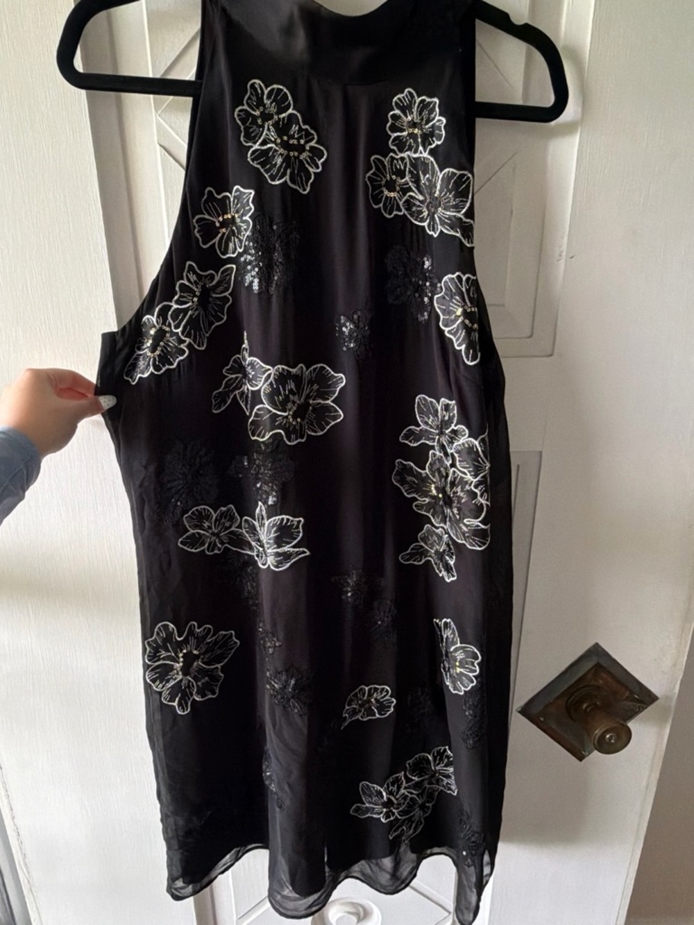 White House Black Market Black Midi Dress with White Floral Appliqué